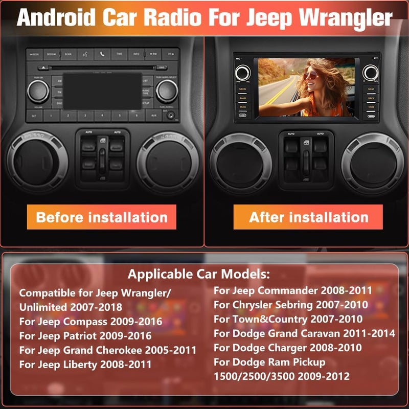 Pyniro Android 13 [2GB+64GB] Car Stereo for Jeep Wrangler/for Dodge Ram 1500/2500/3500 Car Radio with Touchscreen Support Wireless Carplay/Android Auto/Bluetooth/USB/SWC/Backup Camera(Included) - Image 3